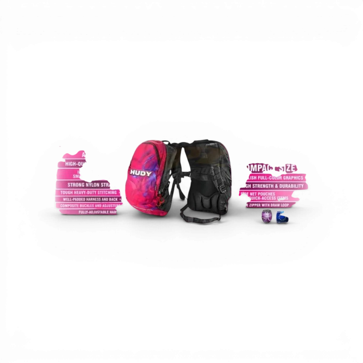 Sac à dos Hudy V2, accessoire de rangement avec plusieurs compartiments, en tissu noir, vue de face.