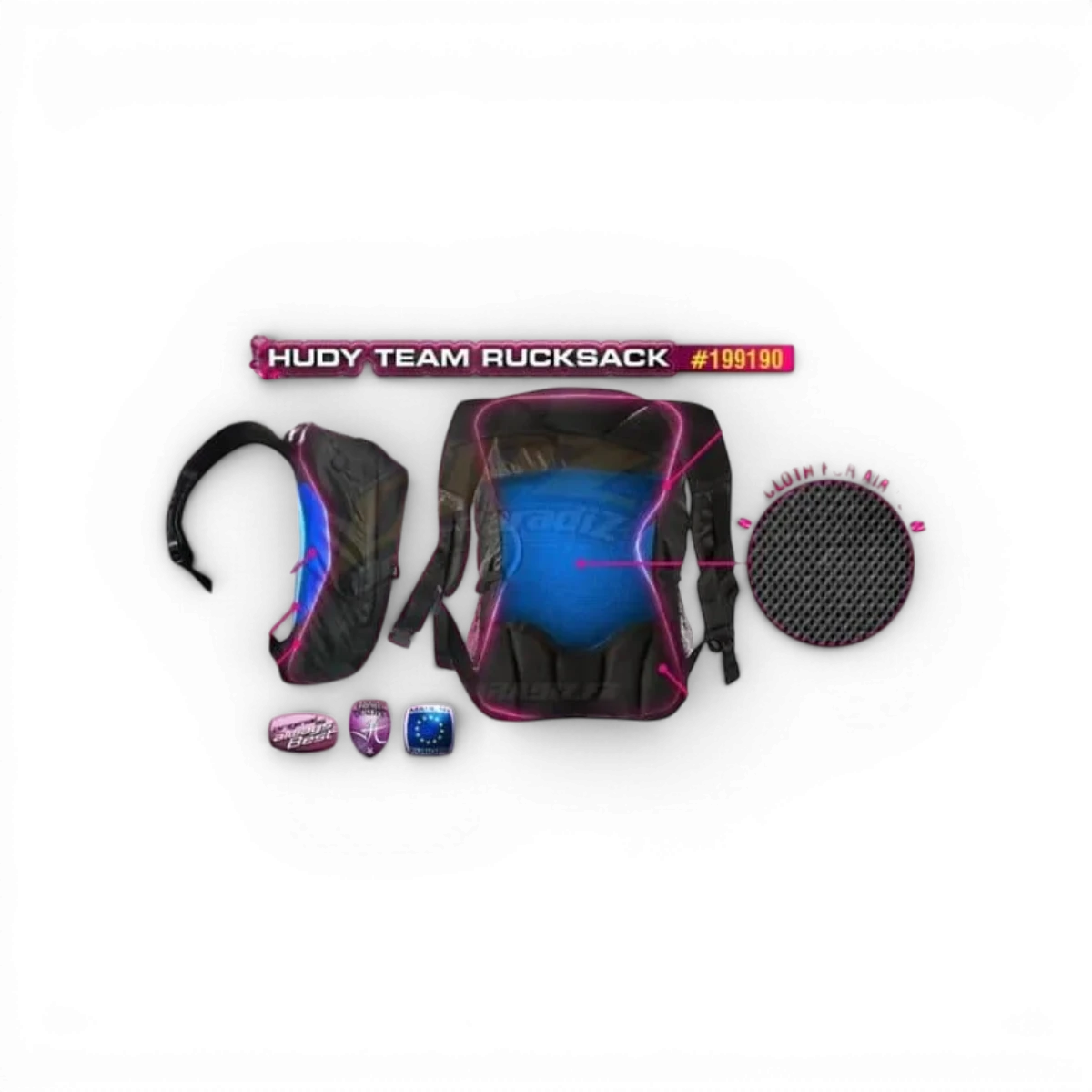 Sac à dos V2 Hudy, accessoire pratique avec compartiments, visible en noir avec détails colorés.