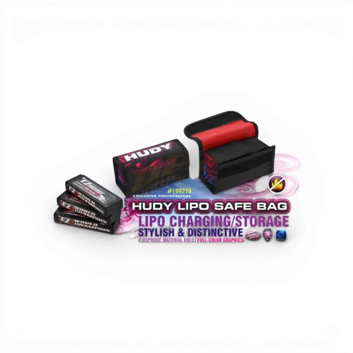 Sac de charge Lipo Hudy, sac électronique noir avec poches pour batteries LiPo, pratique pour le stockage et le transport sécurisé.