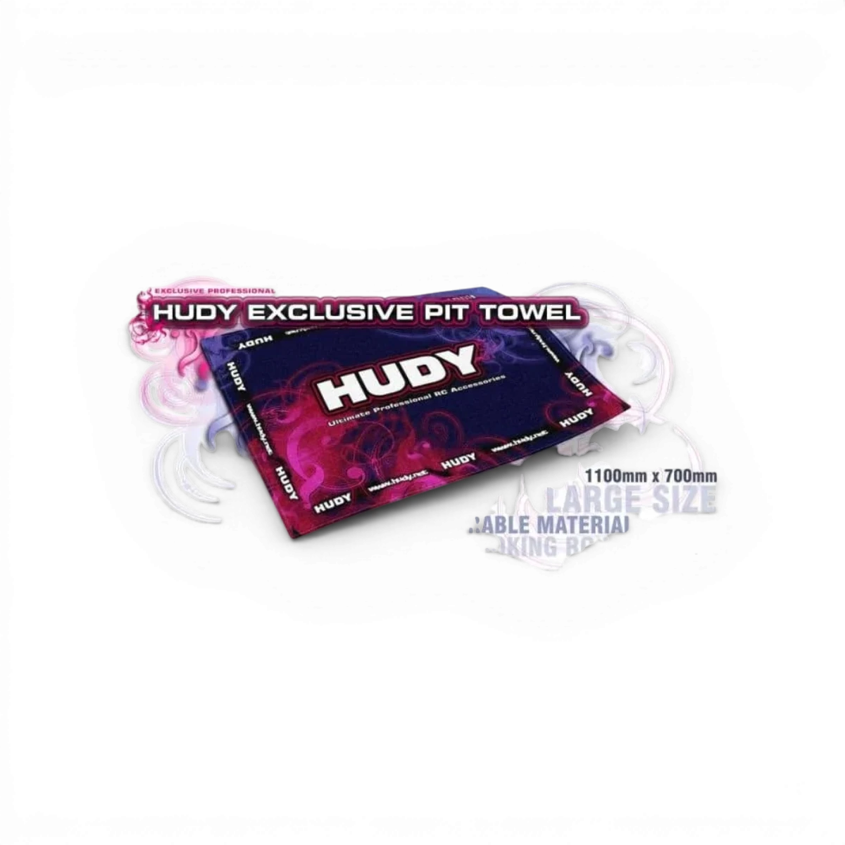 Serviette de stand Hudy 1100x700, accessoire pour évènements, en tissu robuste avec logo Hudy visible.