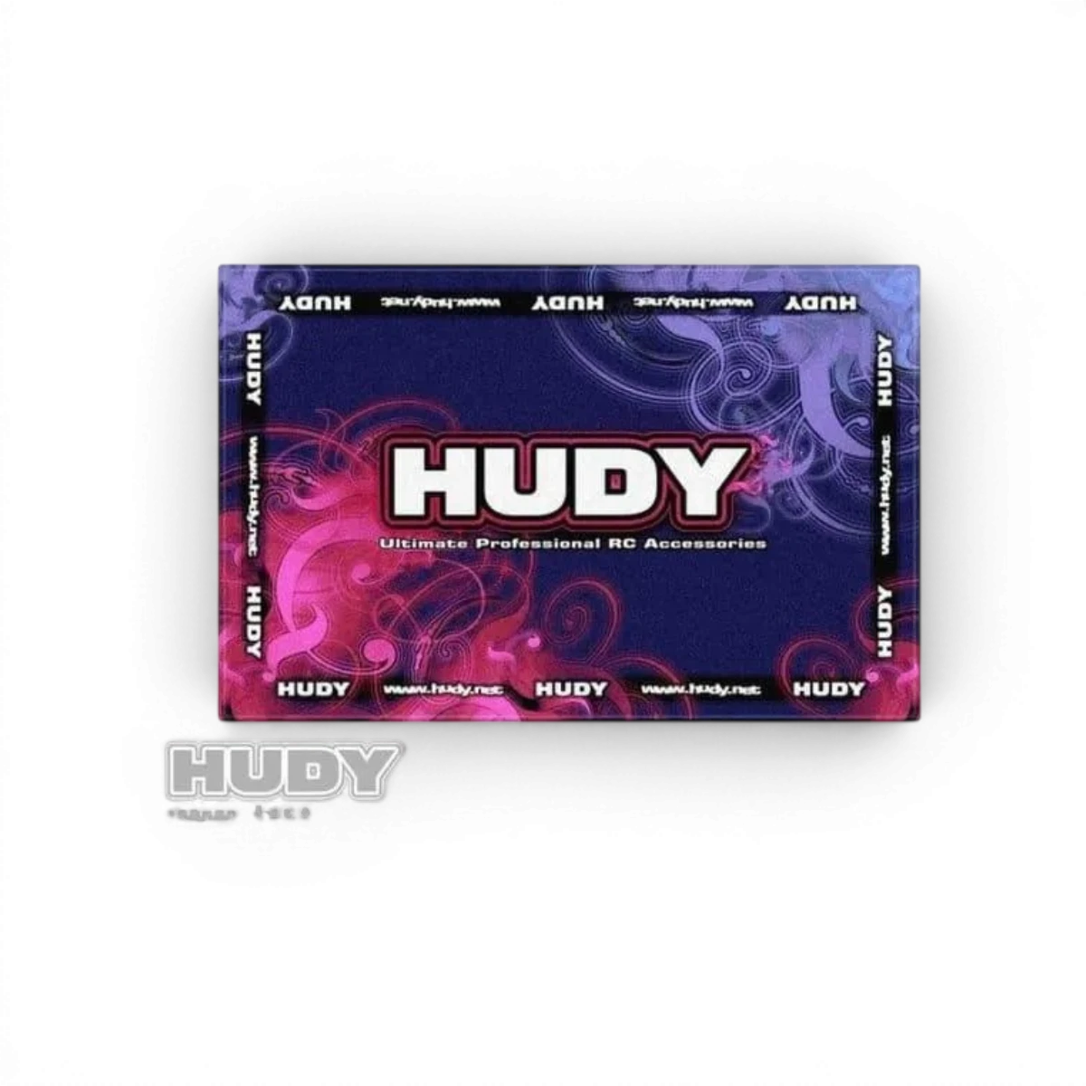 Serviette de stand Hudy 1100x700, accessoire pour événements, en tissu durable, affichée pliée avec logo visible.