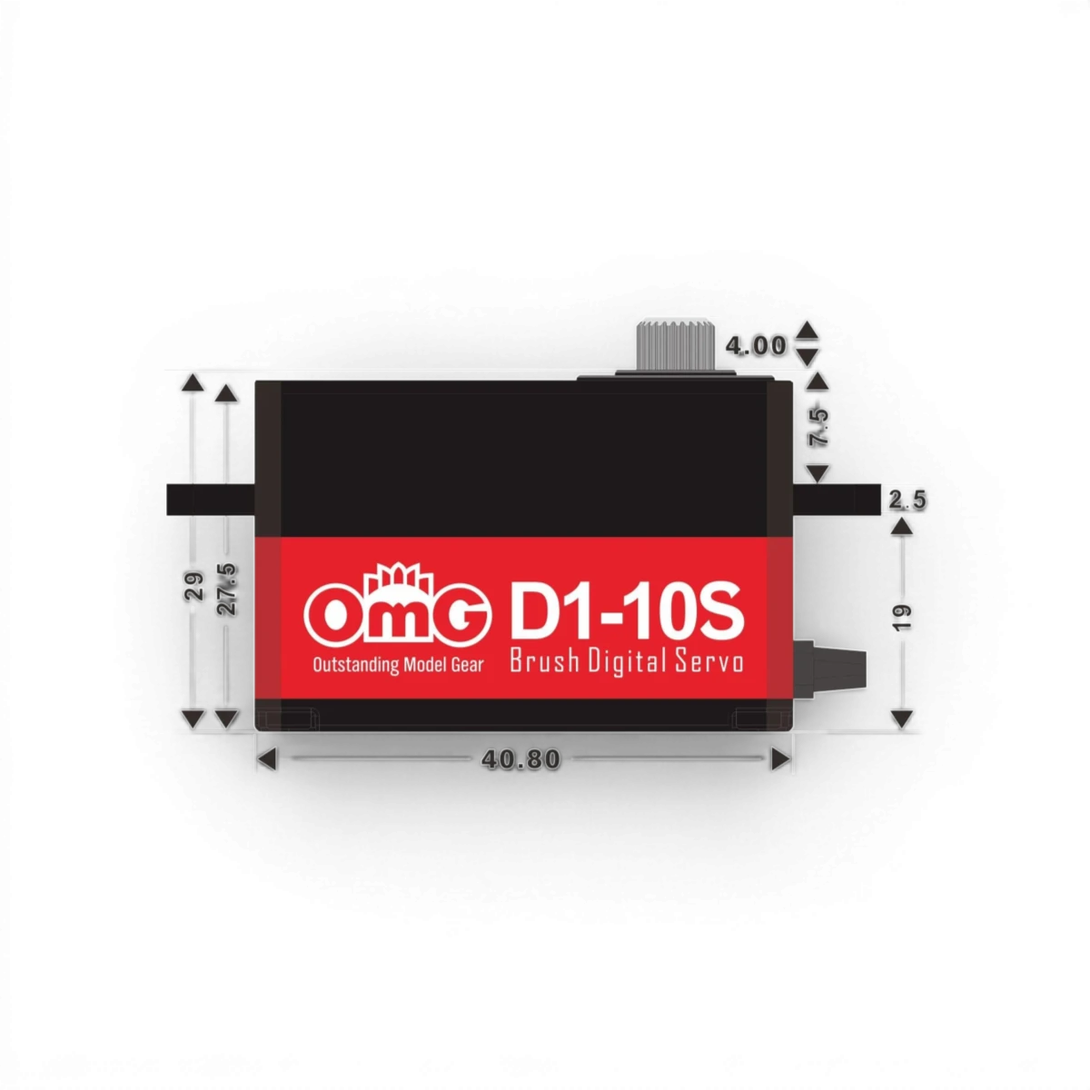 Servo électronique OMG D1-10S, compact et précis, avec bras de servo visible pour voitures radiocommandées.