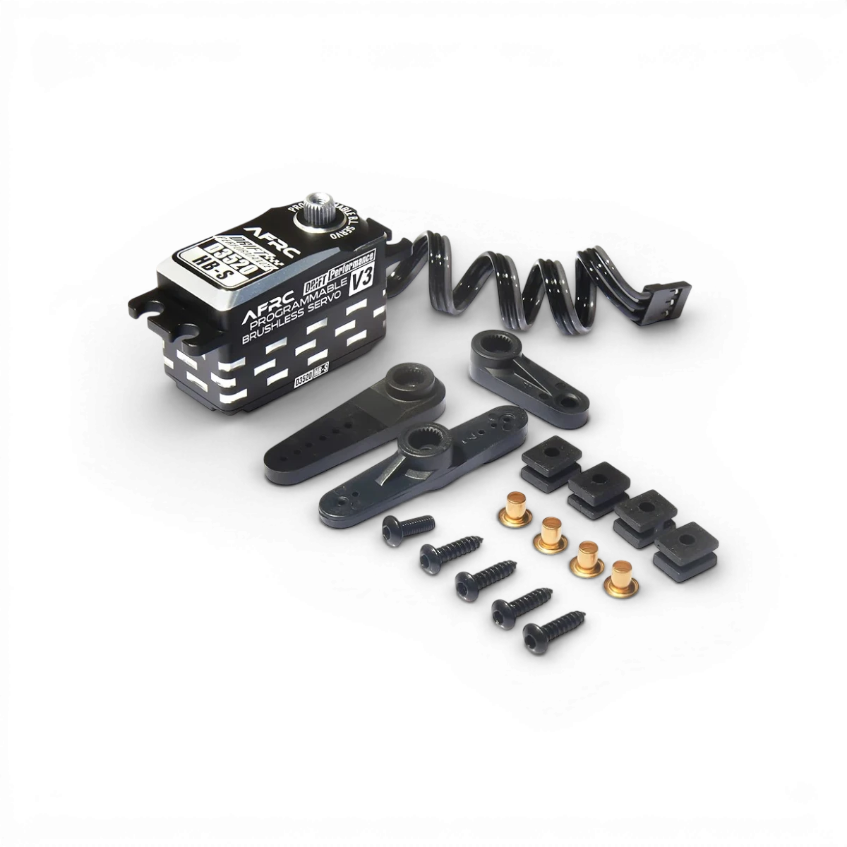 Servo électronique AFRC D3520HB-S V3 sans balais programmable, visible en détail avec connecteurs et composants électroniques.
