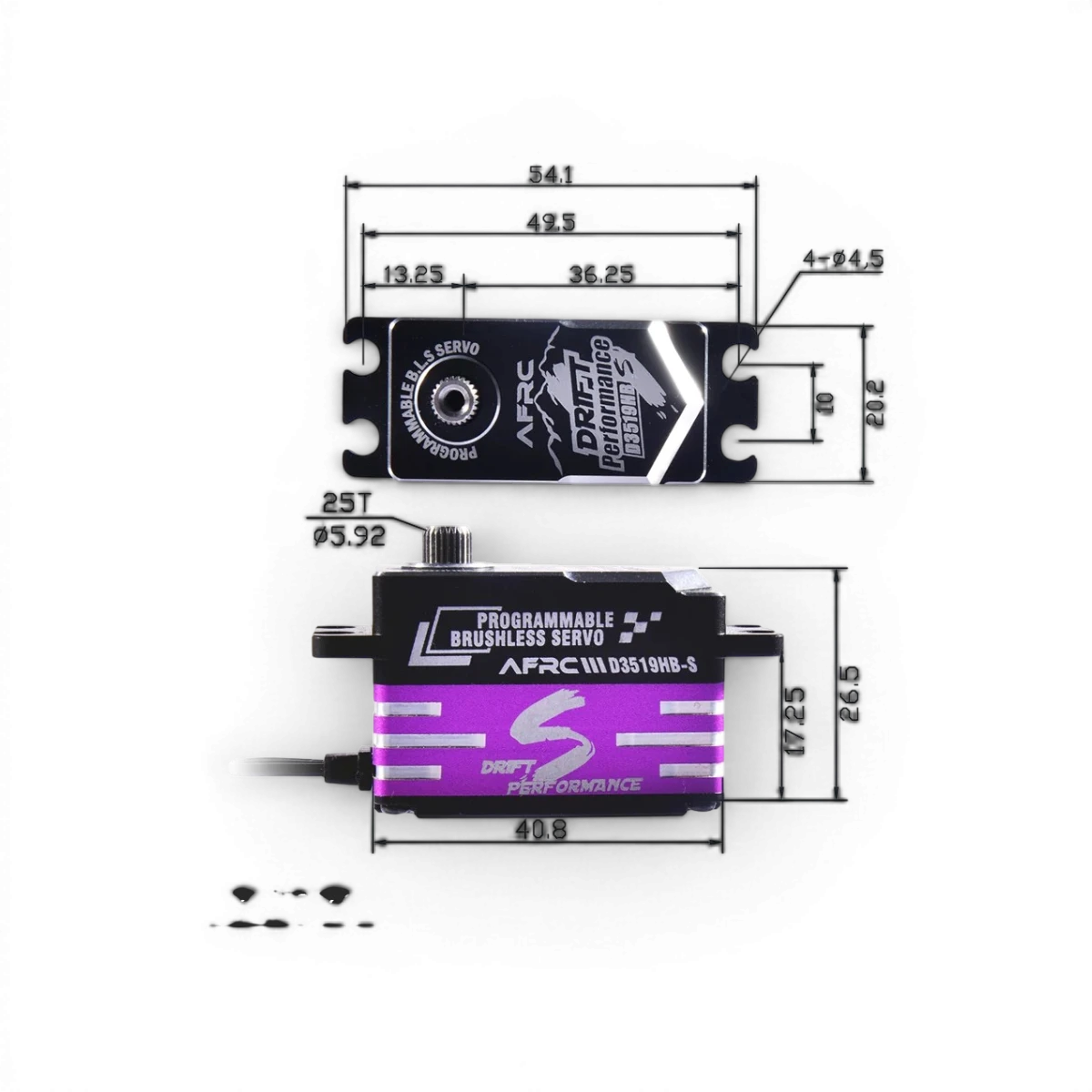 Servo HV brushless programmable AFRC D3519HB-S, composant électronique avec moteur sans balais haute tension.
