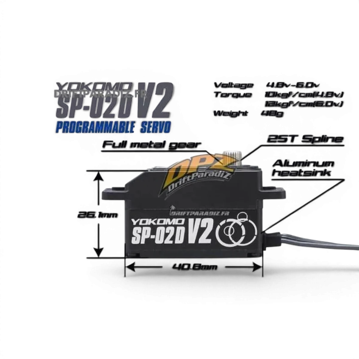 Servo programmable Team Yokomo SP-02DV2 spécial RWD pour voiture électrique, image montrant le servo électronique avec réglages avancés.