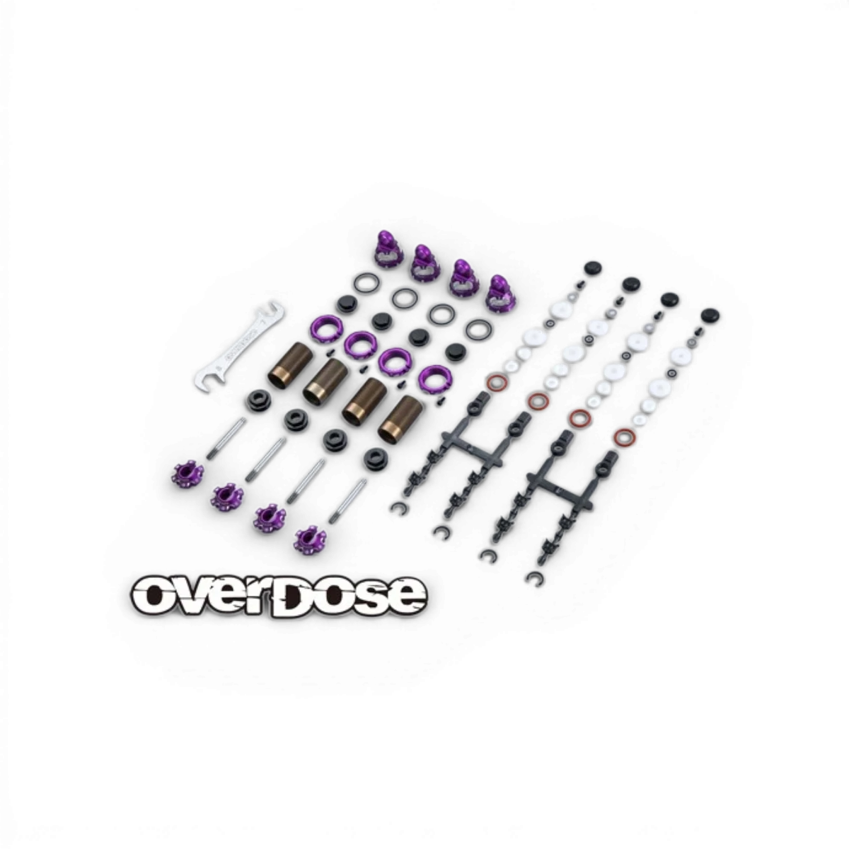 Ensemble d'amortisseurs haute qualité Spec v4 Overdose pour pièces détachées, visibles avec composants noirs et ressorts métalliques.
