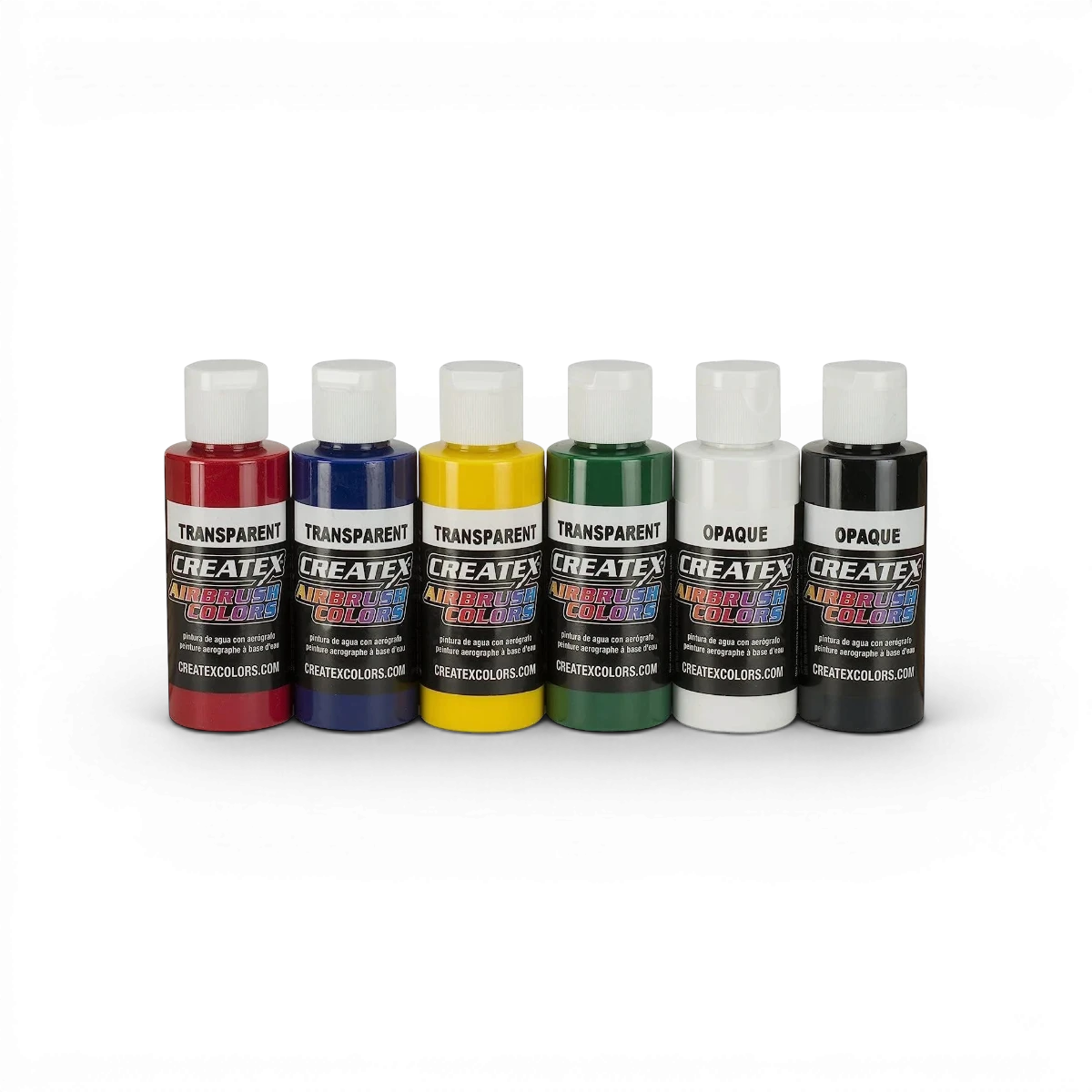 Set de 6 tubes de peinture acrylique Createx Colors, transparent et opaque, 60 ml chacun, pour artistes et loisirs créatifs.
