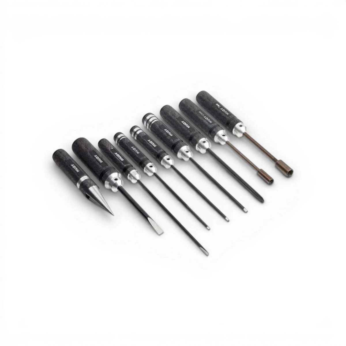 Ensemble d'outils de base Hudy, 9 accessoires pour bricolage, visibles dans une boîte avec tournevis et pinces.