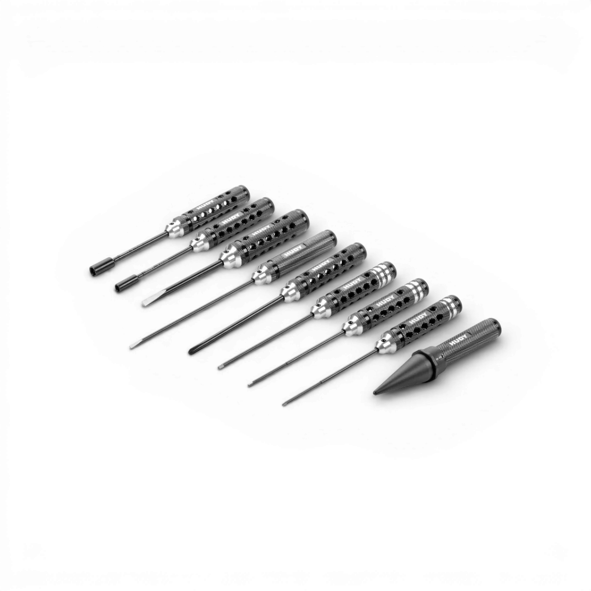 Jeu de 9 outils de base Hudy, accessoires pour modélisme, comprenant clés et tournevis, disposés sur une surface.