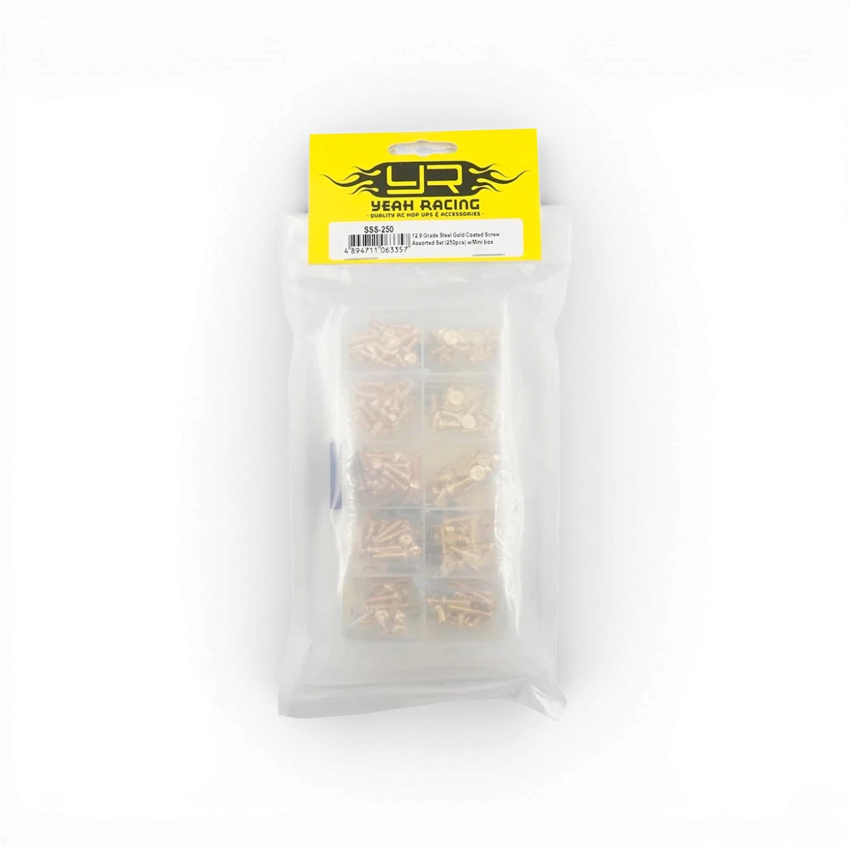 Jeu de visserie en acier M3 or de 250 pièces avec boîte de rangement, de la marque Yeah Racing, pour projets mécaniques.