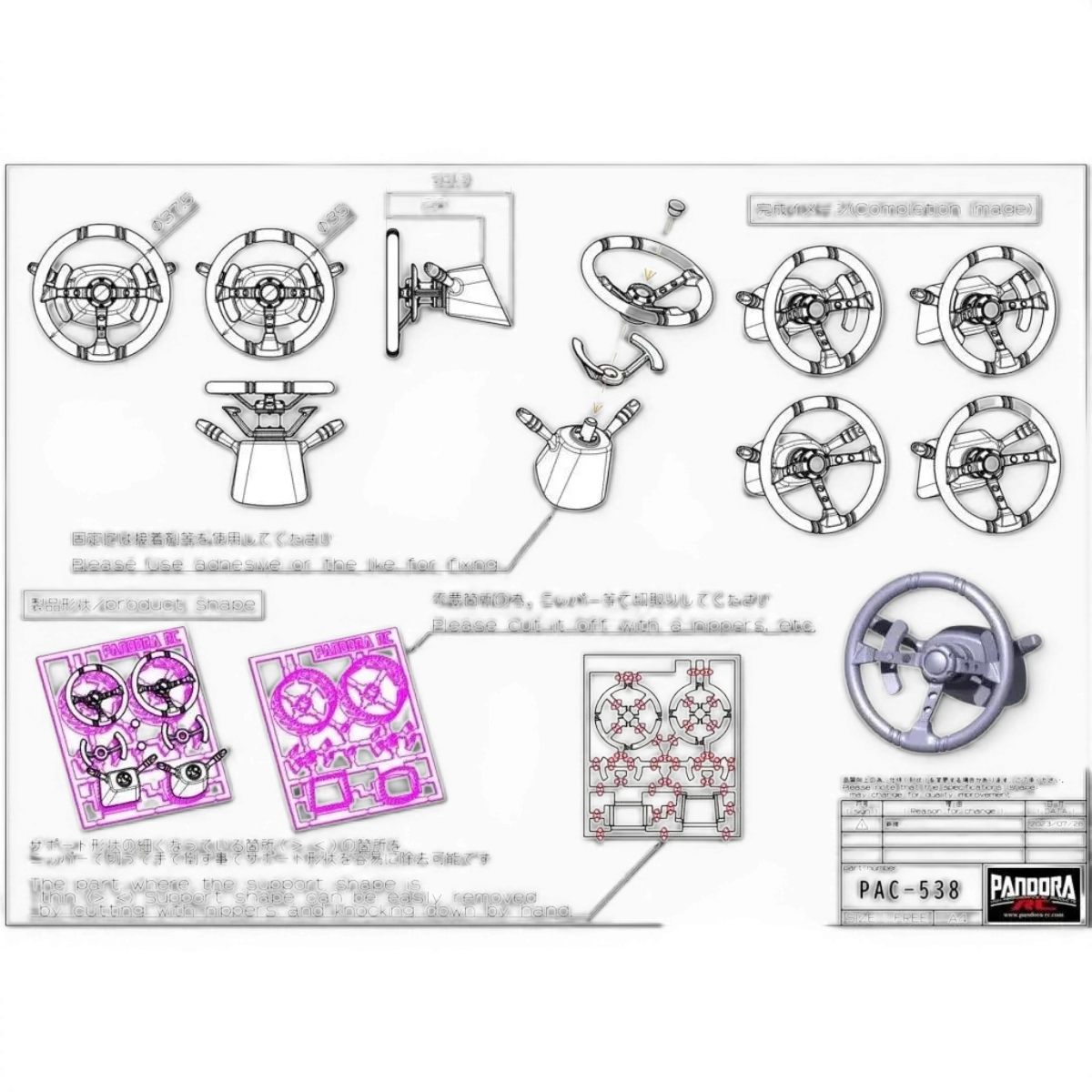 Set de volant pour voiture RC 1/10 de Pandora RC, personnalisé avec design blanc et noir.