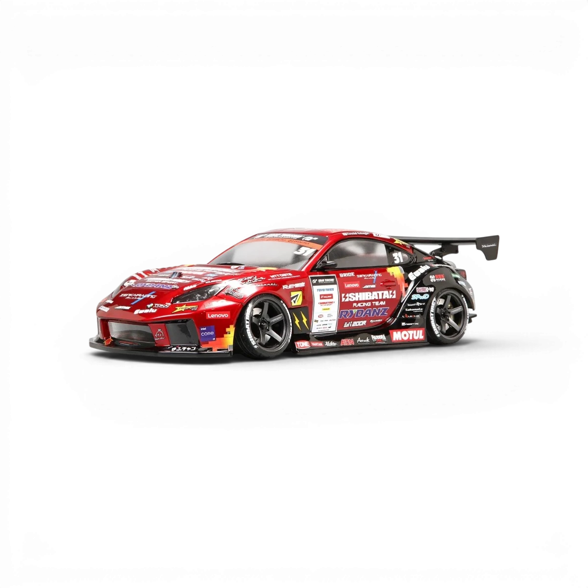 Voiture de carrosserie Toyota GR86 SHIBATA avec décoration D1GP, vue de côté, design sportif et détails de la décoration.