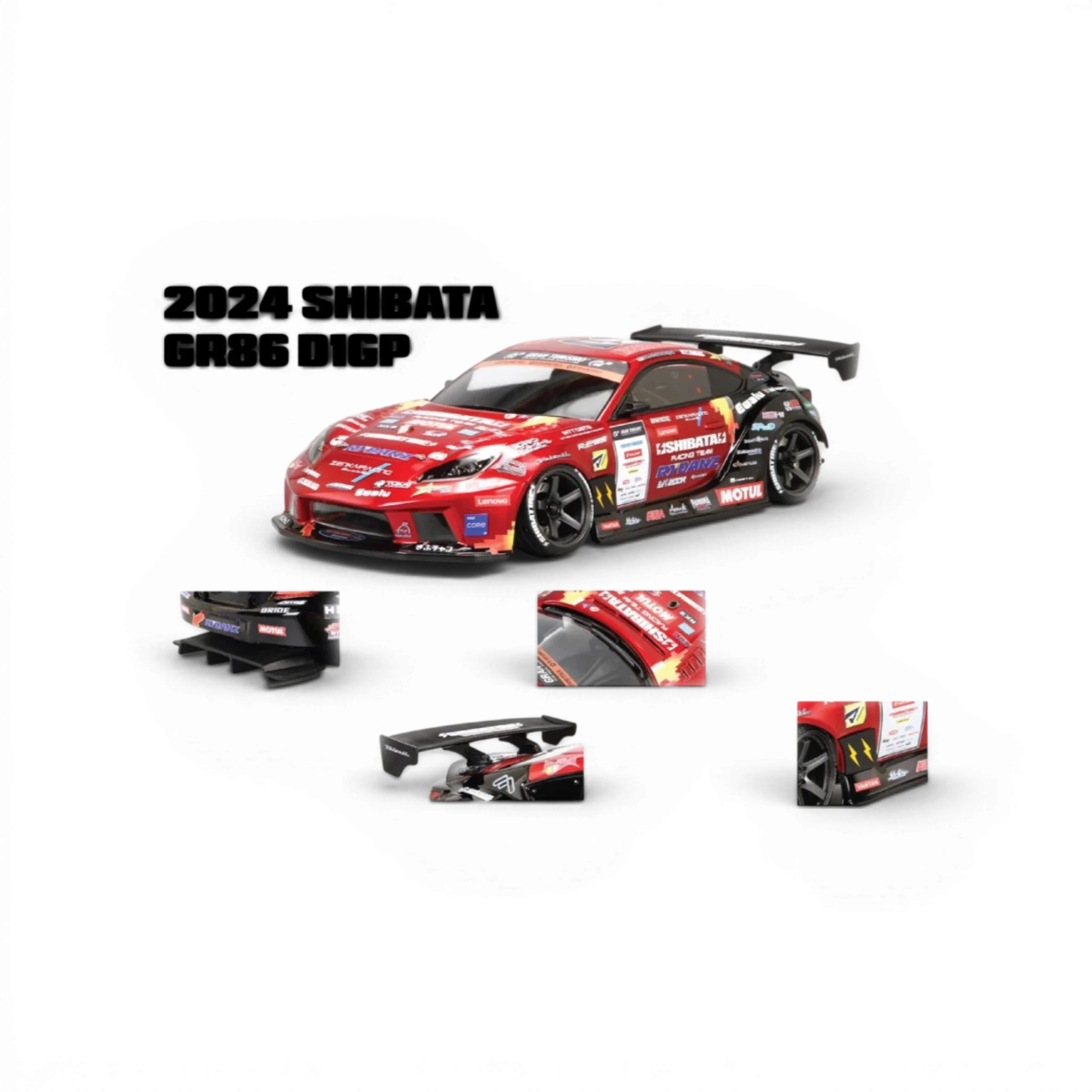 Carrosserie Toyota GR86 SHIBATA avec décoration D1GP, design sportif et détails colorés, vue de face sur fond blanc.