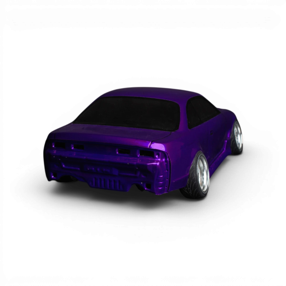 Pare-chocs arrière Silvia S14 en carrosserie, fabriqué par Aplastics RC, visible avec détails en plastique noir.