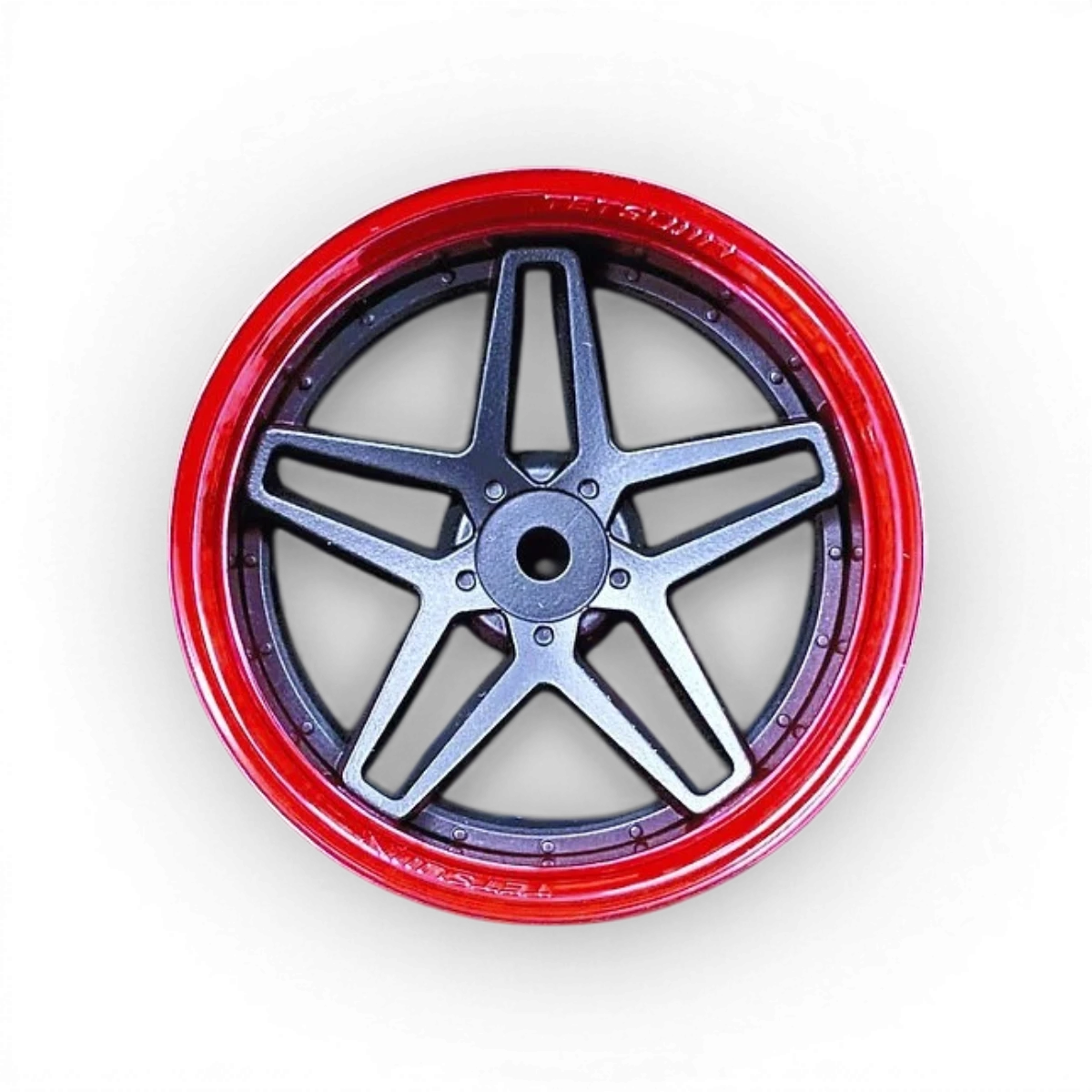 Jeu de roues Tetsujin Southern Cross Noir Mat et Rouge Chrome pour voiture, avec détails brillants et design élégant.
