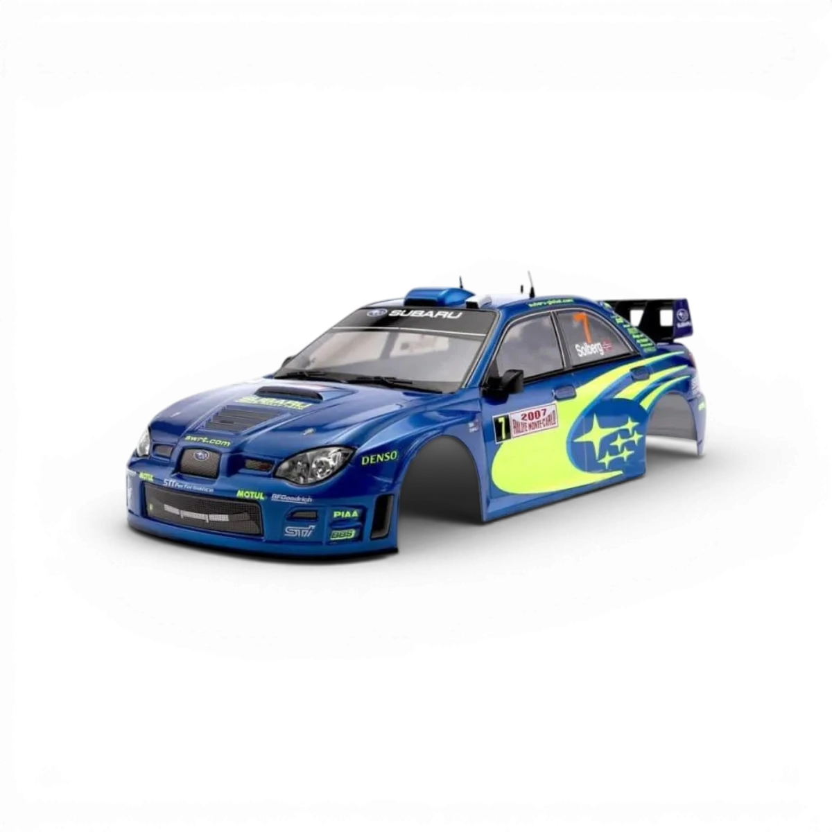 Carrosserie Subaru Impreza WRC 2007 peinte de Killer Body, modèle pour voiture de rallye, détails visibles sur la peinture et la forme.