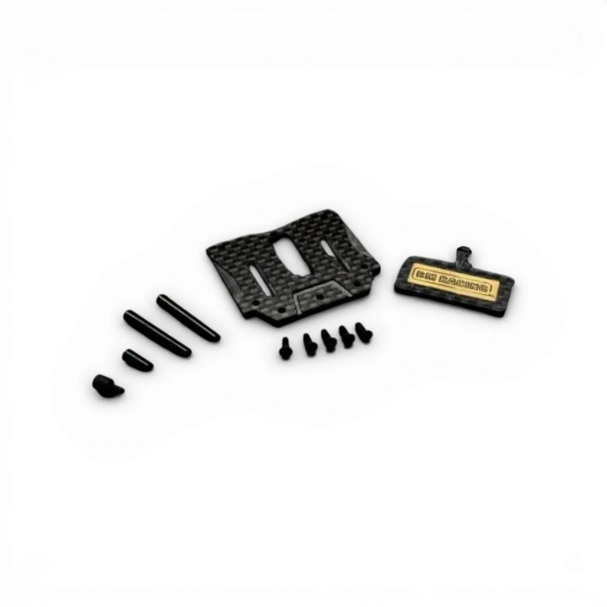 Support de batterie haut carbone pour voiture BM Racing, modèle BMRX, fixation solide et durable, image montrant le support en matériau haut carbone.