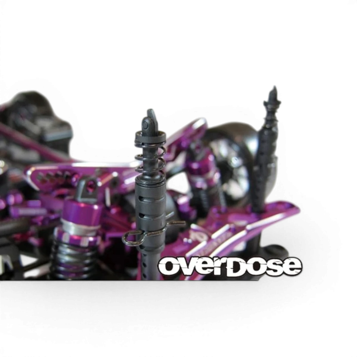 Support de carrosserie pour attache capot Overdose, pièce de customisation en métal noir, visible avec fixations robustes.
