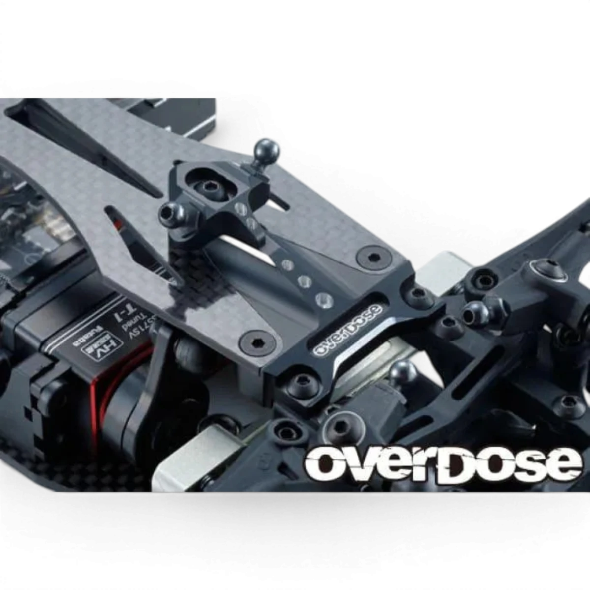 Support d'amortisseurs avant en aluminium pour GALM, pièce détachée Overdose, visible avec fixation précise et finition métallique.