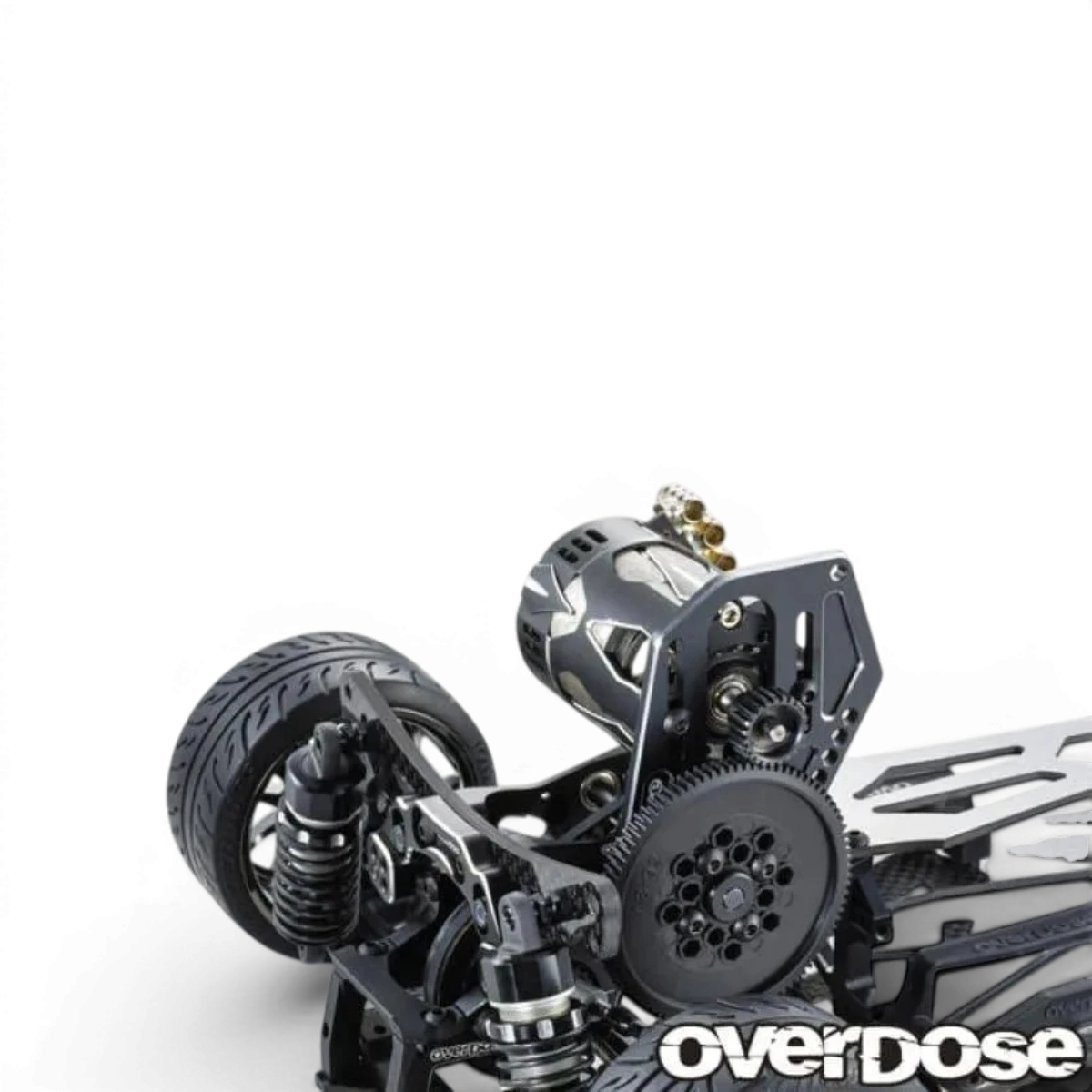 Support moteur haut pour Galm, pièce détachée Overdose, en plastique noir avec fixation métallique visible.