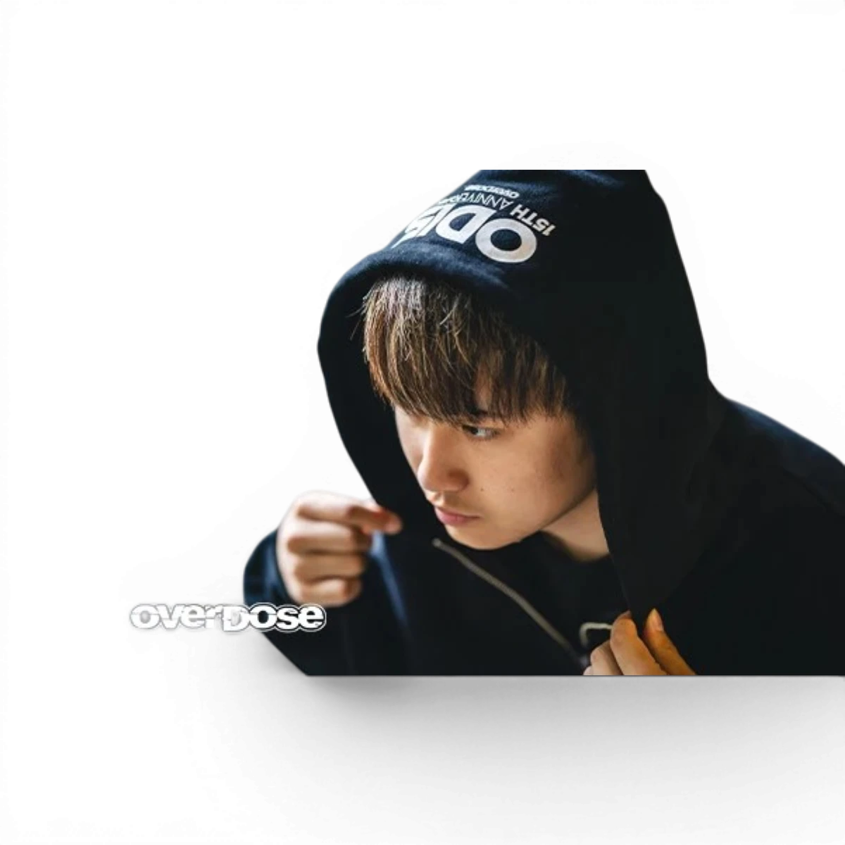Sweat à capuche zippé Overdose 15th Anniversary, accessoire mode avec logo brodé, en coton gris clair, porté sur un mannequin mâle.