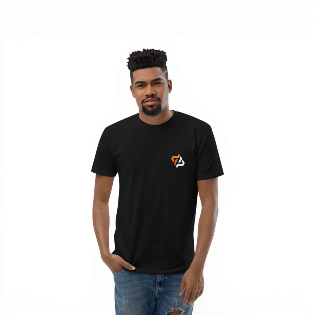 T-shirt DPZ 2024 de marque inconnue, en coton noir avec logo graphique sur le devant, vue de face.