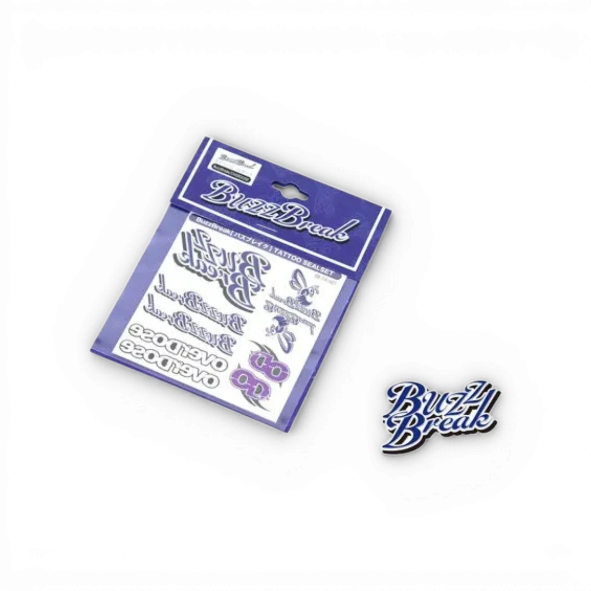 Tatouages temporaires BuzzBreak DriftParadiz, accessoires de tatouage éphémère avec design audacieux, illustrés sur fond blanc.