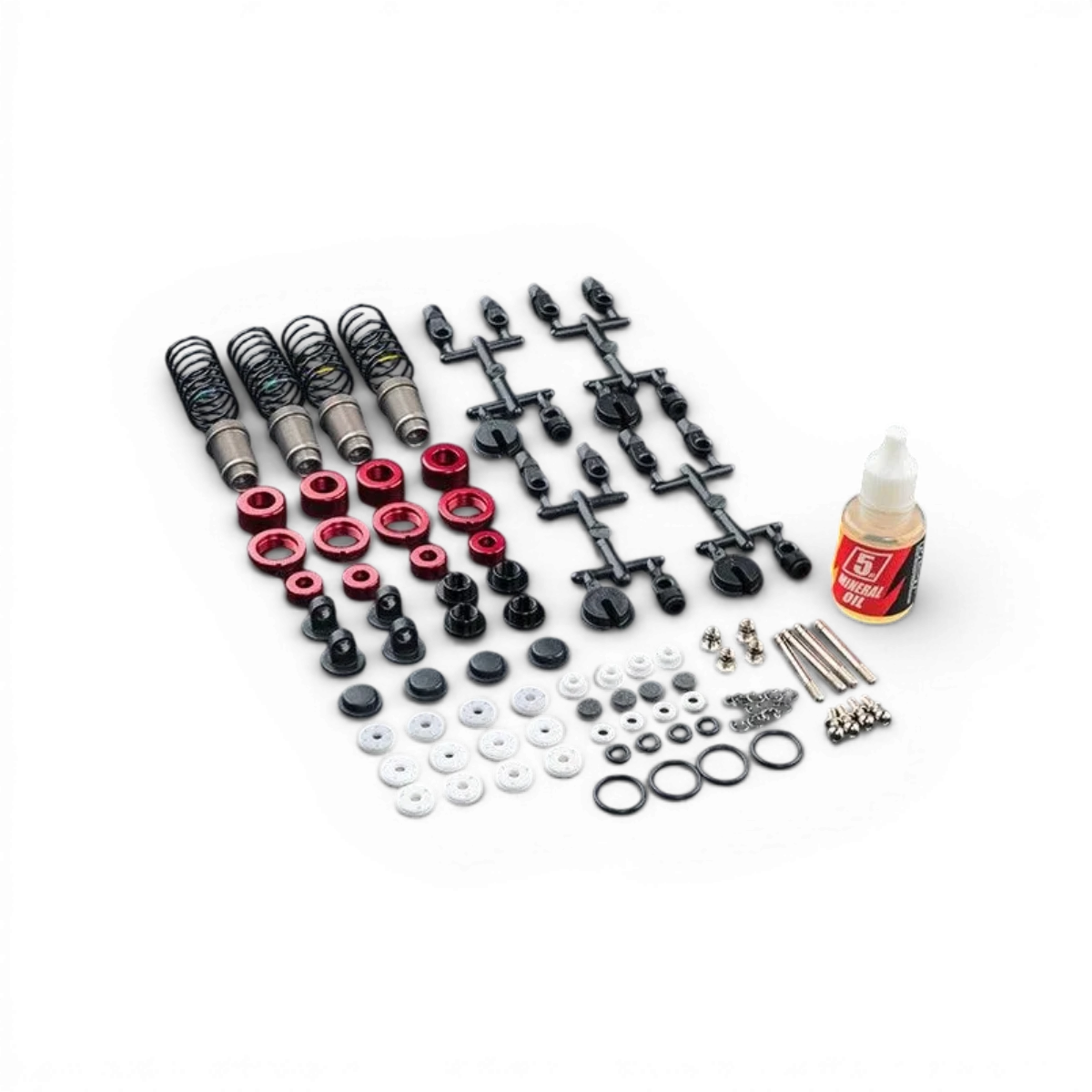 Amortisseurs en aluminium réglables rouges Max Speed Technology, pièces détachées pour voitures RC, vue de face avec réglages.