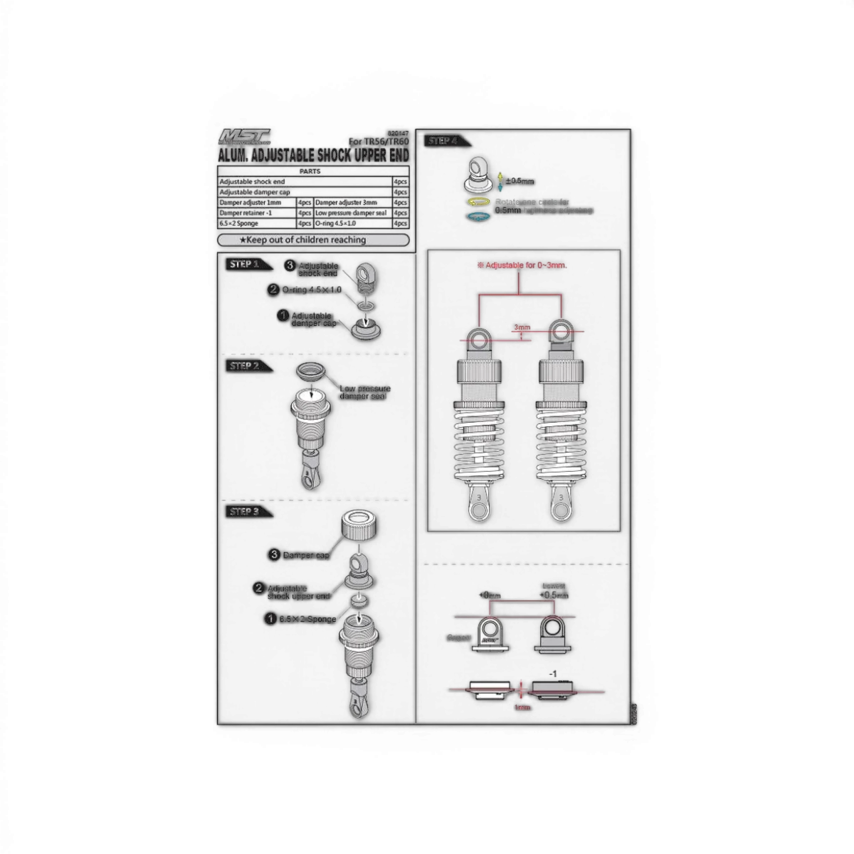 Têtes amortisseurs réglables pour TR56 ou TR60, pièces détachées de Max Speed Technology, montrant la partie ajustable.