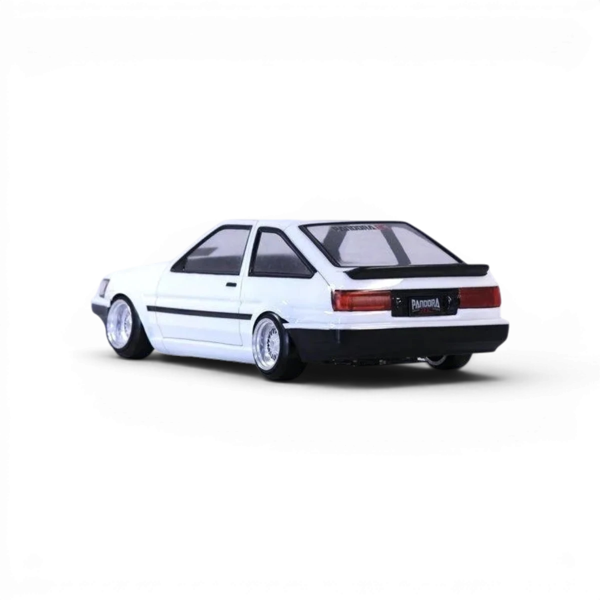 Voiture téléguidée Toyota AE86 Levin 3 portes Pandora RC, modèle de carrosserie pour collection ou drift, vue de côté avec détails.