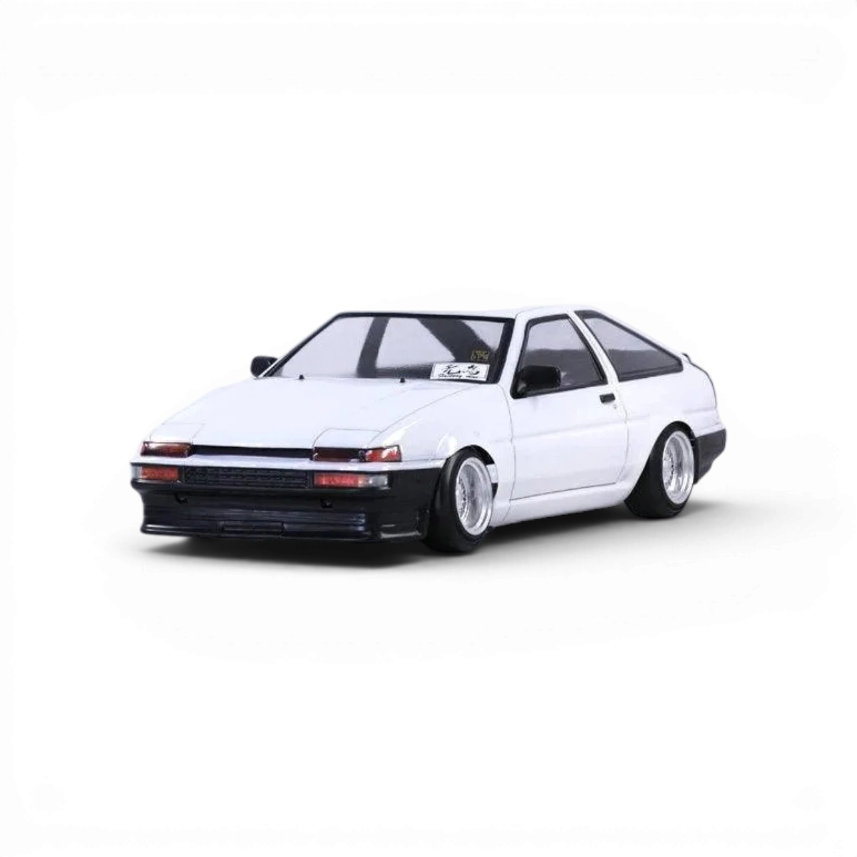 Voiture Toyota AE86 Trueno 3 portes en carrosserie pour modelisme, par Pandora RC, vue de côté avec détails précis.