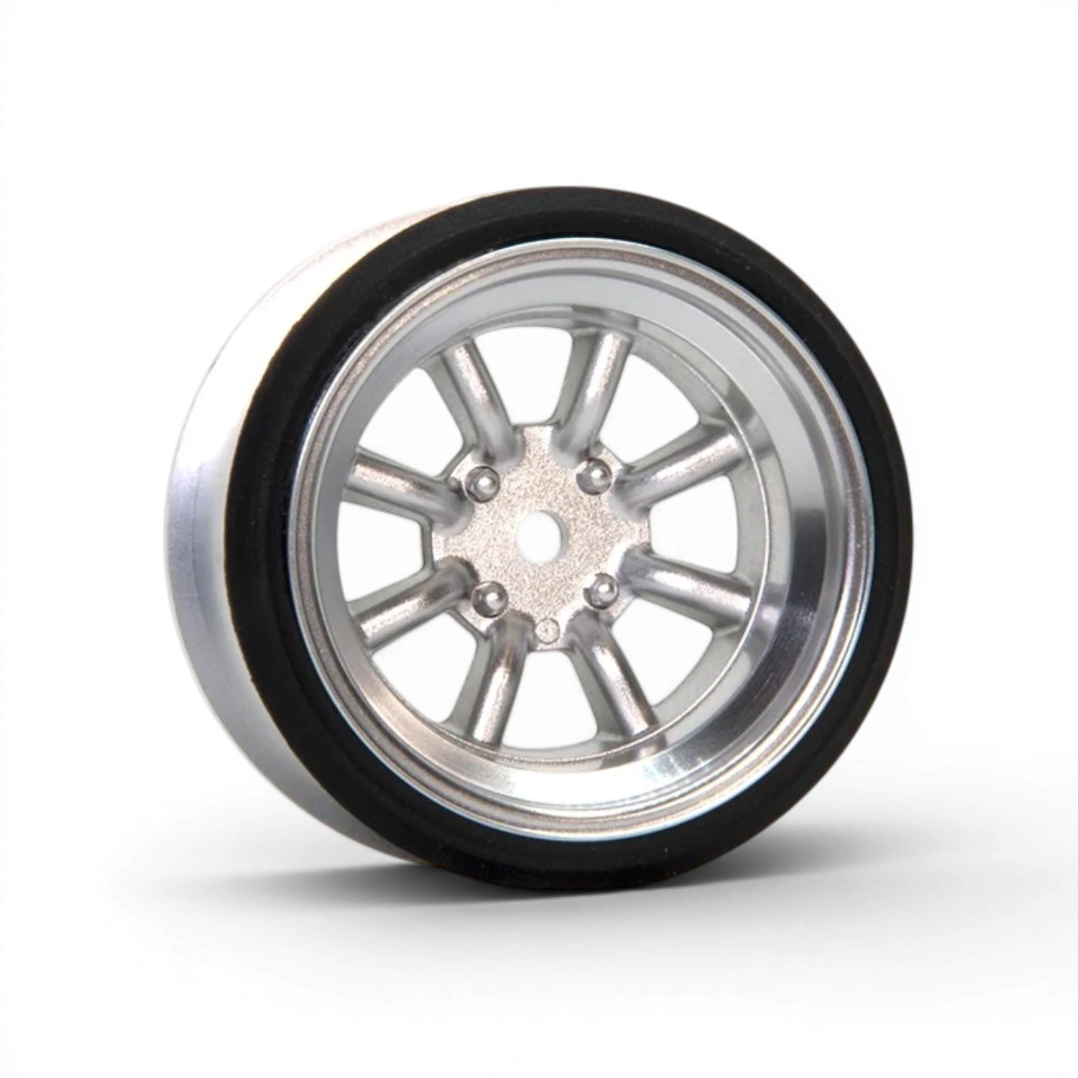 Roues en aluminium gris V16D RS Watanabe de Scale Dynamics, 8,5 mm réel, avec décalage de +12 mm, vue de face.