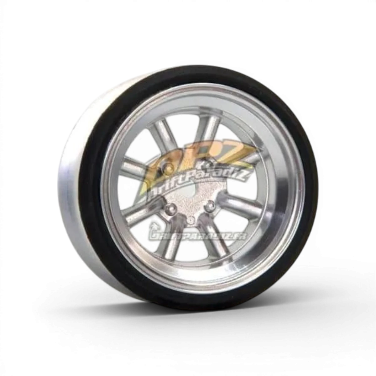 Jantes V16D RS Watanabe en aluminium gris avec décalage de 12 mm, pour véhicules de marque Scale Dynamics, vue de face.