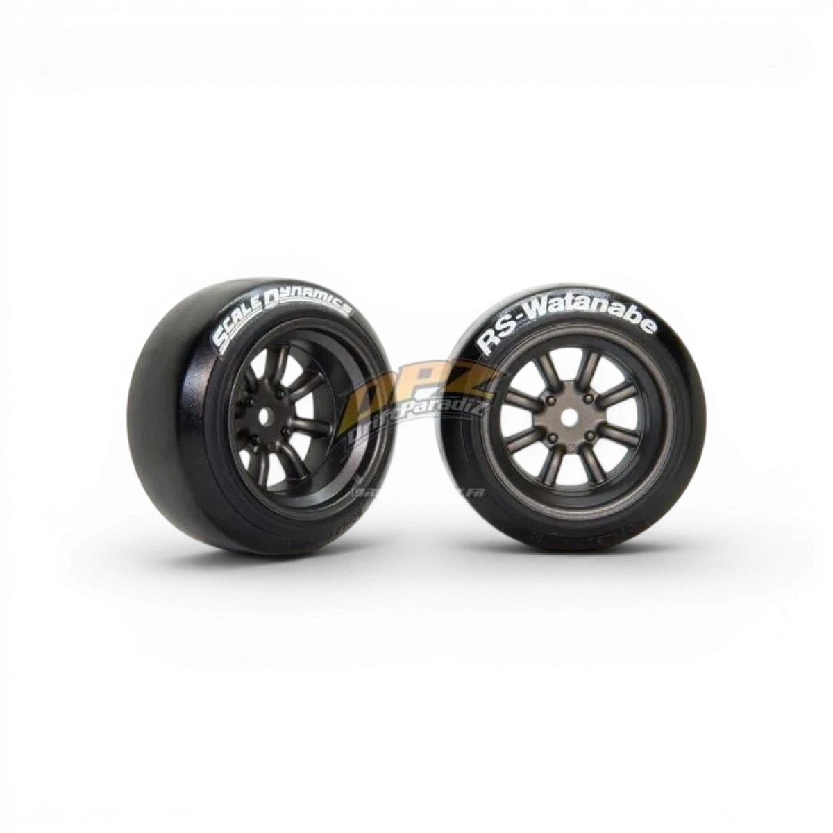 Jantes V16D RS Watanabe en métal gunmetal avec décalage de +12 mm, image montrant la finition et la taille.