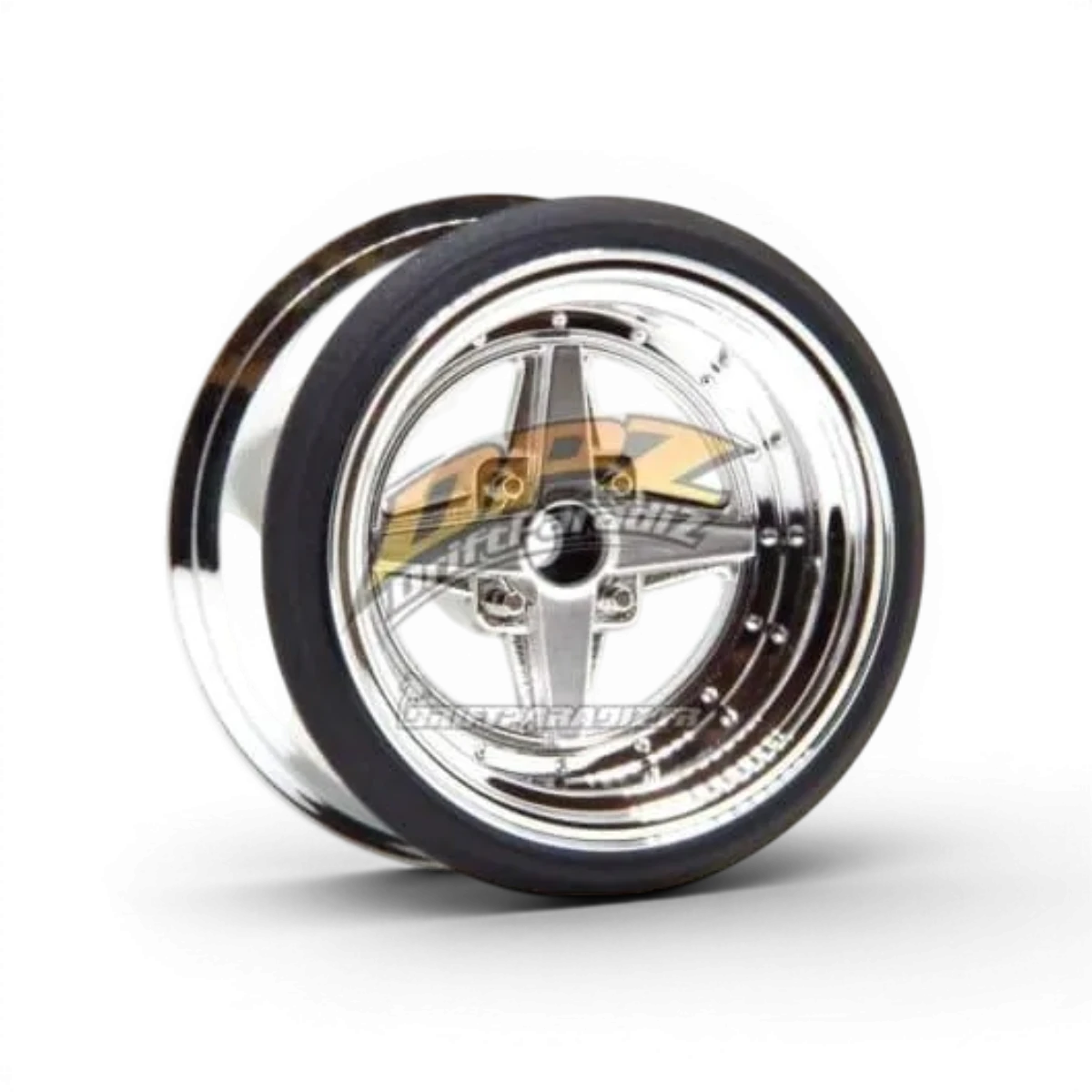 Roues en chrome poli V16D Work Equip 01 avec décalage de 12 mm et largeur réelle de 8,5 mm, par Scale Dynamics.