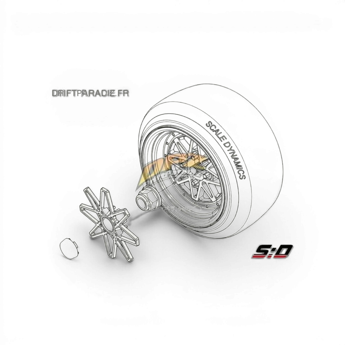 Roues V16D Work Equip 01 en chrome poli avec offset de 9 mm, diamètre réel de 5,5 mm, par Scale Dynamics.