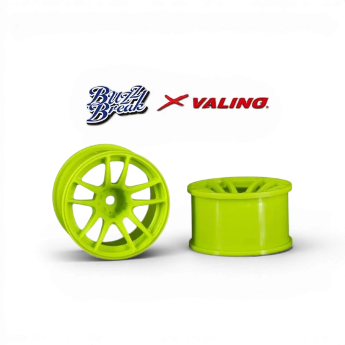Roues BuzzBreak Valino N820S R-SPEC 30mm en jaune citron avec finition ON+9, vue de face avec détails colorés et textures.