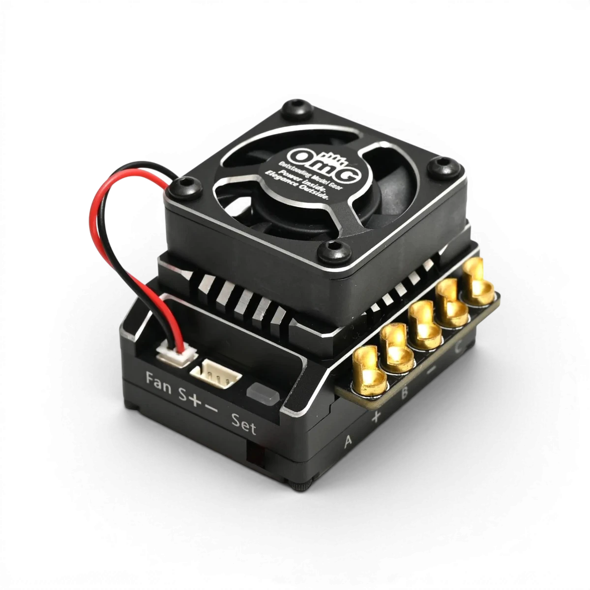 Variateur électronique D-Run 120A noir de la marque omg, vue en gros plan avec boutons et affichage.