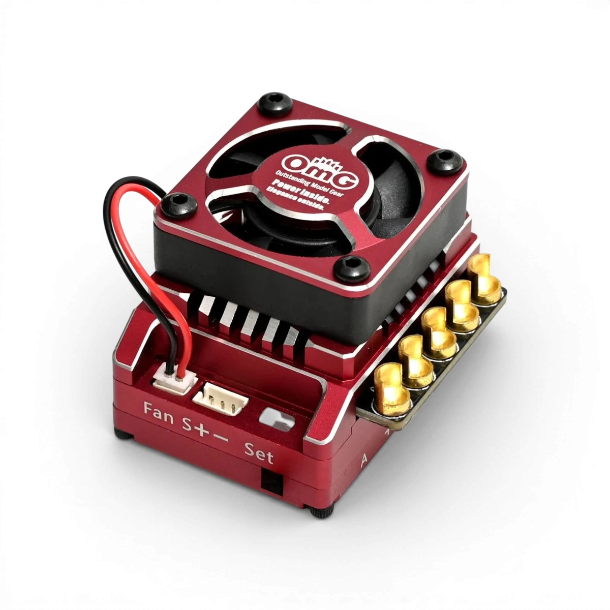 Variateur électronique D-Run 120A rouge de la marque OMG, conçu pour contrôler la puissance électrique.