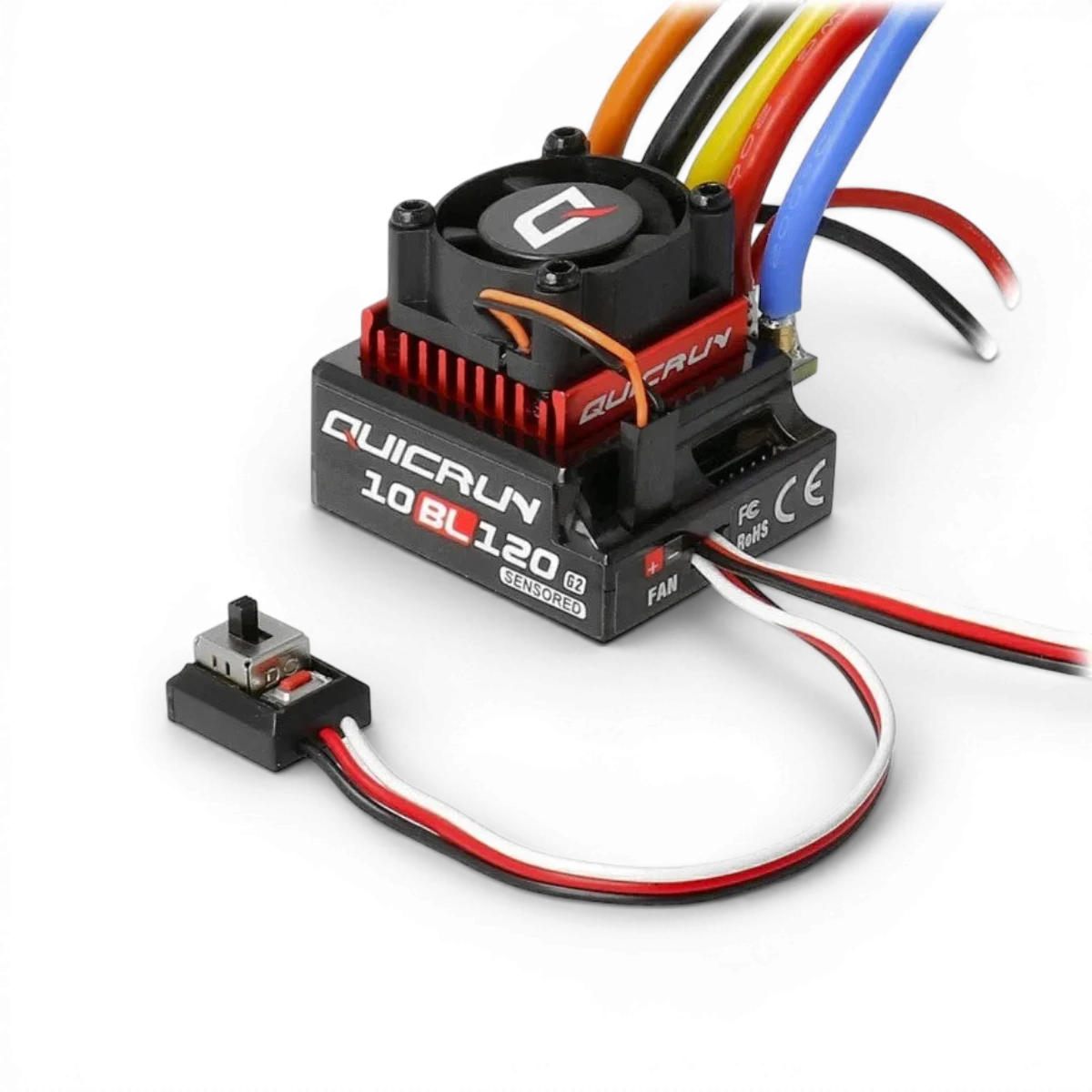 Variateur électronique sensored 120A Hobbywing Quicrun HW30125002 pour véhicules RC en action, avec câbles et commandes visibles.