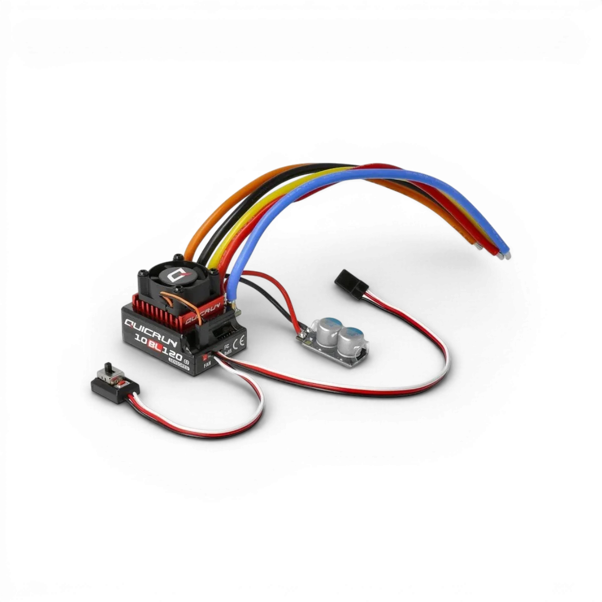 Variateur électronique Sensored Quicrun 120A de Hobbywing, vue de l'appareil avec connecteurs et indicateurs lumineux.