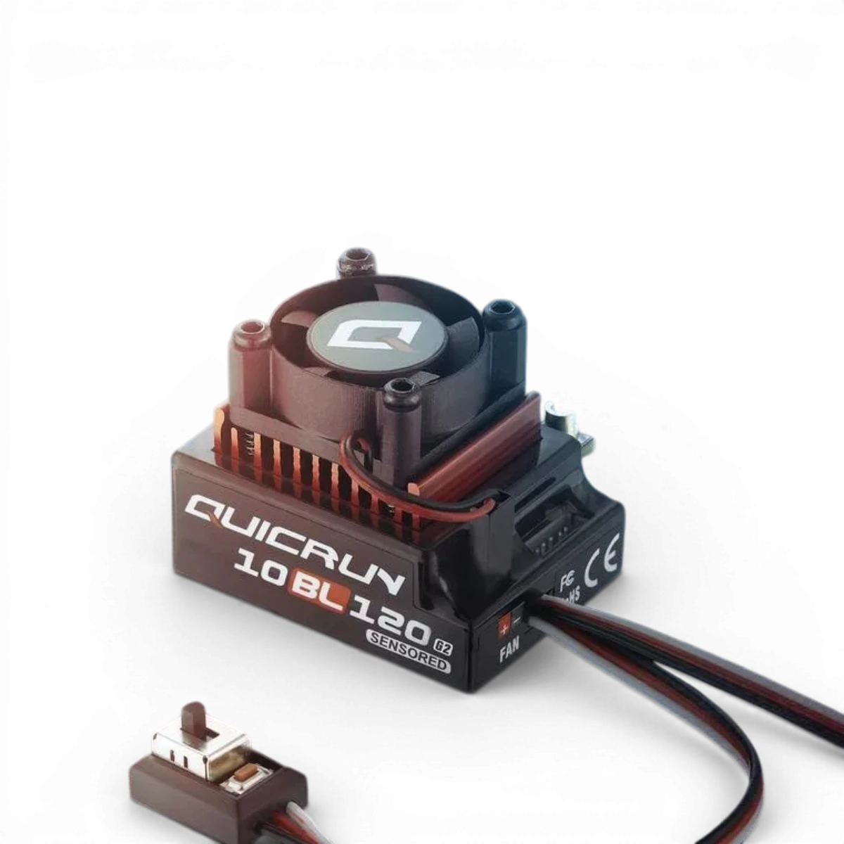 Variateur électronique Hobbywing Quicrun 120A sensored pour voiture RC, noir avec câbles connectés.