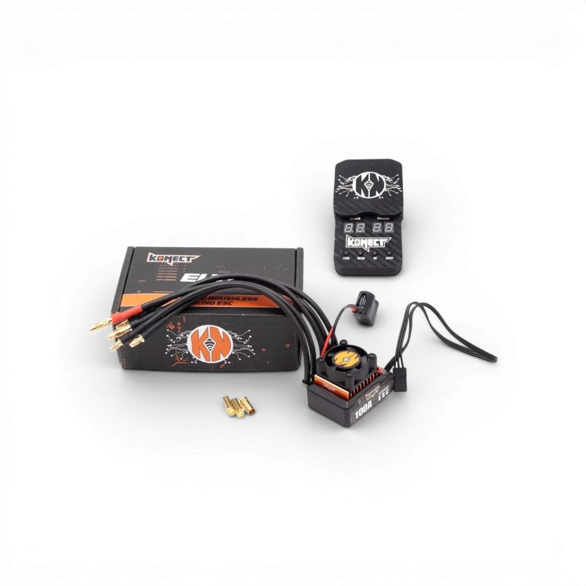 Variateur brushless 100A sensored et sensorless de Konect avec carte de programmation, électronique pour véhicules RC.