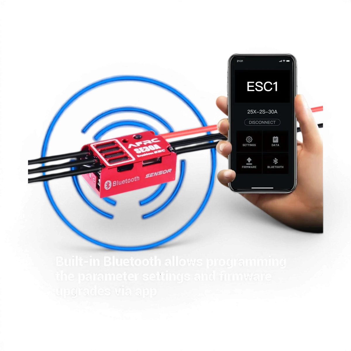 Variateur ESC 30A mini drift AFRC, électronique pour voiture RC, vue de l'appareil avec connecteurs et bouton de réglage