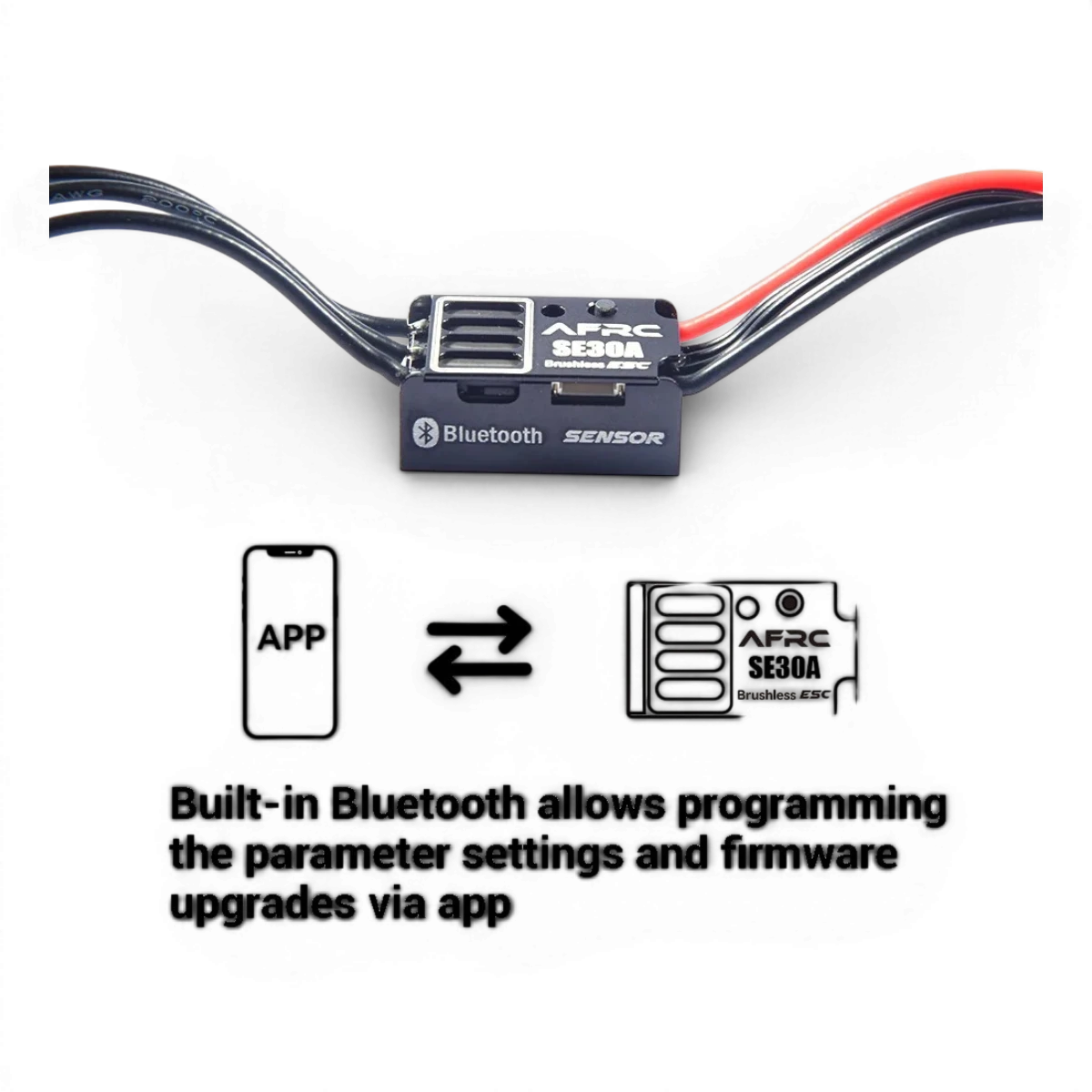 Variateur ESC 30A mini drift AFRC, électronique compact pour voitures RC, avec connecteurs et réglages précis.