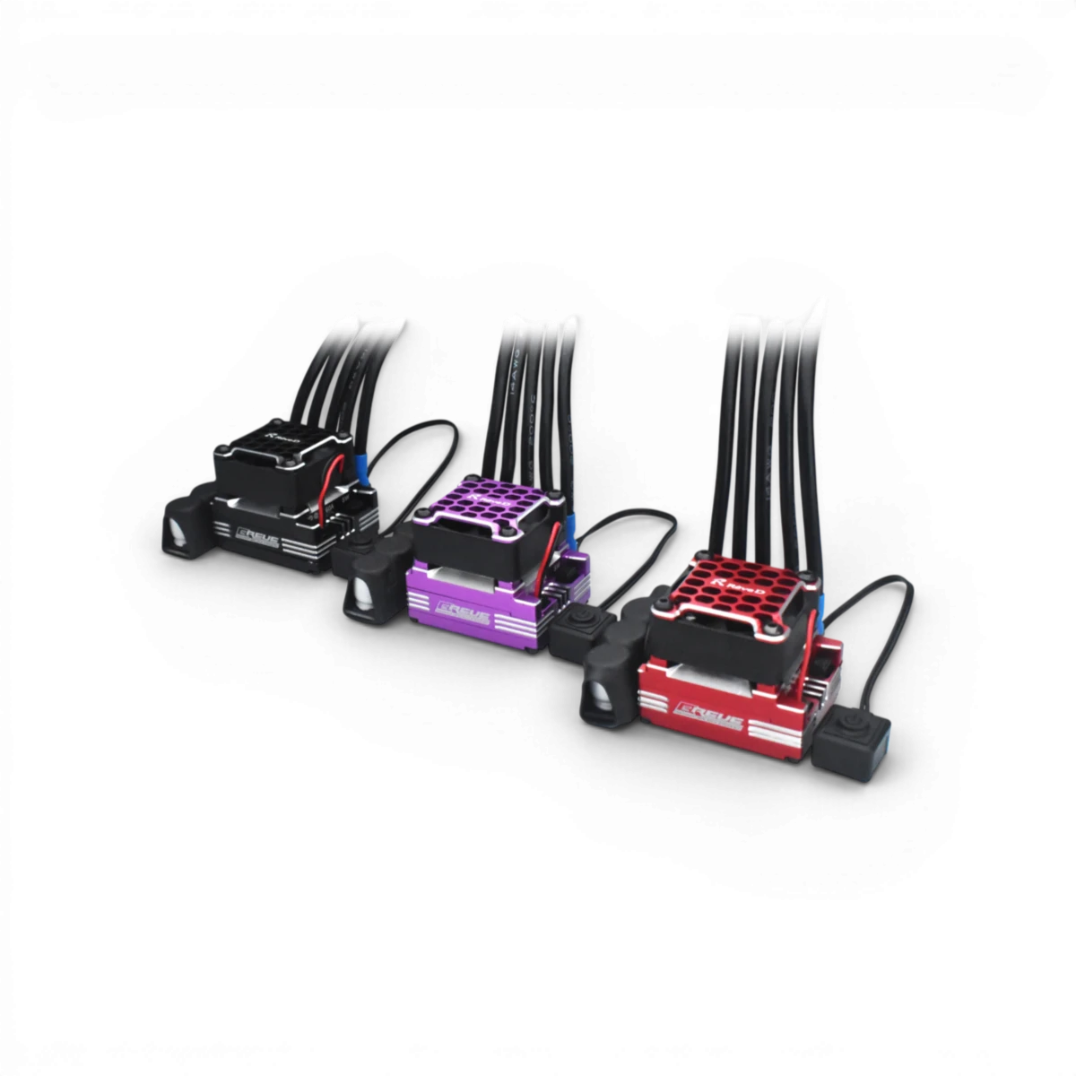 Variateur ESC électronique violet "BREVE" de Team Reve D, avec composants et réglages visibles.