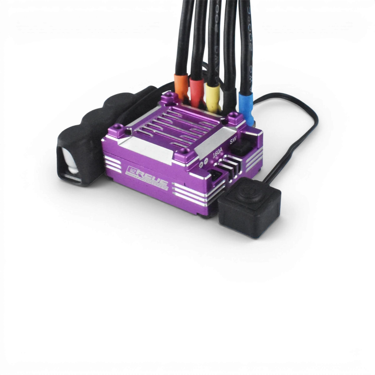 Variateur ESC "BREVE" électronique violet de la marque Team Reve D, visible avec ses composants électroniques.