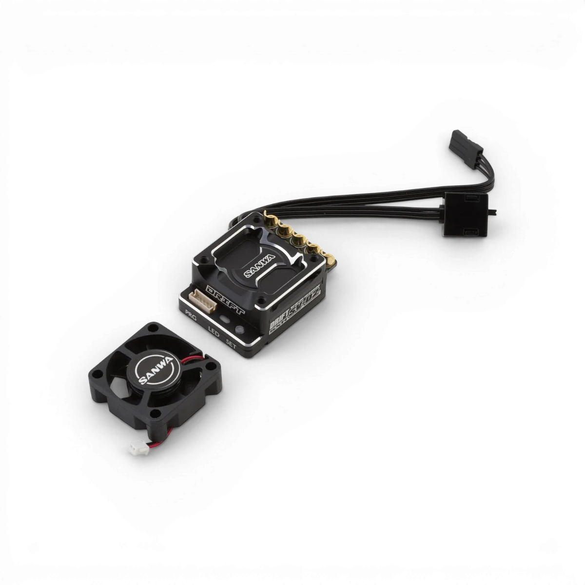 Variateur électronique Sanwa SV-D2 Drift SXR pour voitures RC, vue de l'appareil avec boutons et connecteurs.