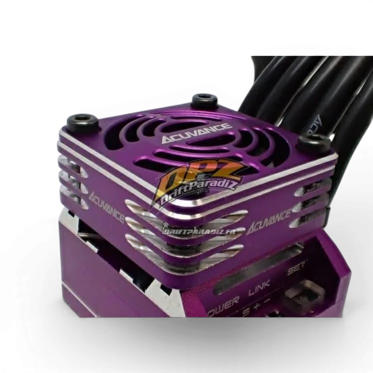 Ventilateur haute vitesse Xarvis Acuvance, modèle XX/RAD violet, appareil électronique avec pales en mouvement.