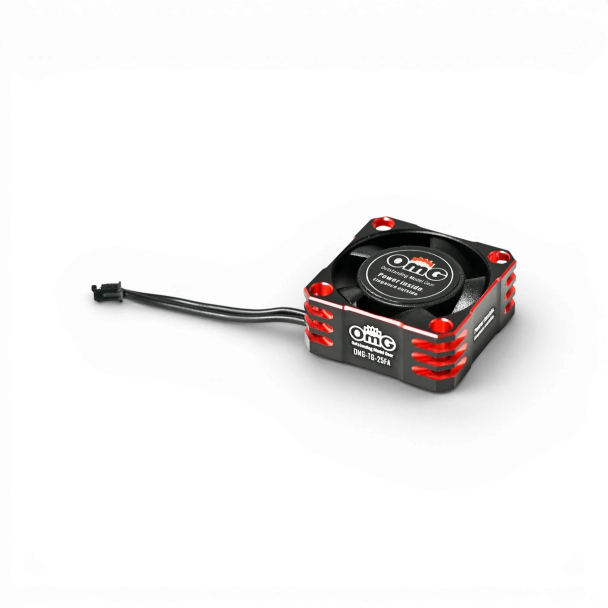 Ventilateur pour ESC 25mm rouge et noir de la marque OMG, composant électronique compact et performant.